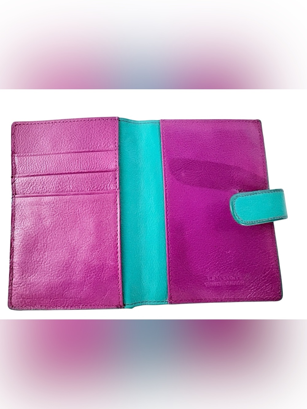 DANIER Turquoise Leather Passport Holder with Pink Accent - Travel Wallet - Picture 5 of 11
